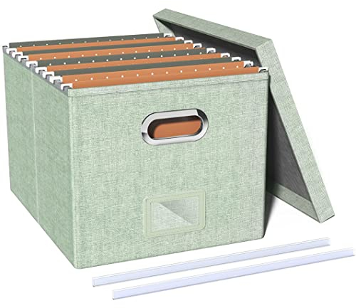 Okydoky Ablageboxen mit Deckel, Hängemappenbox aus Faserplatte und Papier in stilvoller Leinenoptik, Geeignet für Haus und Büro, Datei und Spielzeug Aufbewahrungsbox, LETTER SIZE,FG Green.DE