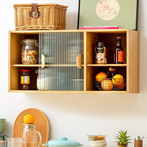 HollyHOME Bambus-Küchen-Sideboard zur Wandmontage mit 2 Schiebetüren, freistehender Wandaufbewahrungsschrank mit Seitenablage für Gewürzflaschen, Geschirr, Schüssel, Esszimmerschrank, Burlywood