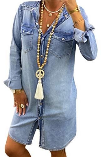 Tomwell Damen Blusenkleid Elegant V-Ausschnitt Langarm Druck Lang Kleid Mit Knopf Shirtkleid Maxikleid Strandkleid Boho Sommerkleid C Blau M