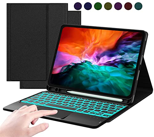 ROOFEI Tastatur Hülle für iPad Air 11 (M3/M2, 2025/2024)/Air 5/Air 4/iPad Pro 11 (4/3/2/1 Gen) - 7-Farbiger Beleuchtung Tastatur mit Touchpad & Stifthalter - QWERTZ Layout, Schwarz