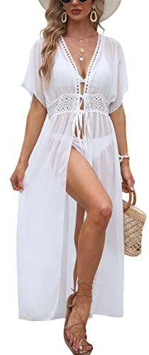 Codkkre Damen Sommer Maxi Strandkleid Bikini Badeanzug Cover Up Kimono Lang Leichte Chiffon Strickjacke Beachwear Boho Strand Cardigan Beach Maxi Dress, Weiß, S