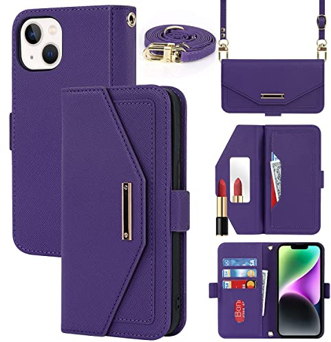 Cavor Coque Compatible avec iPhone 14 Etui avec Cordon,Flip Portefeuille Étui Cuir,[5 Porte Cartes][Miroir][Magnétique][Réglable Collier] Housse - Violet