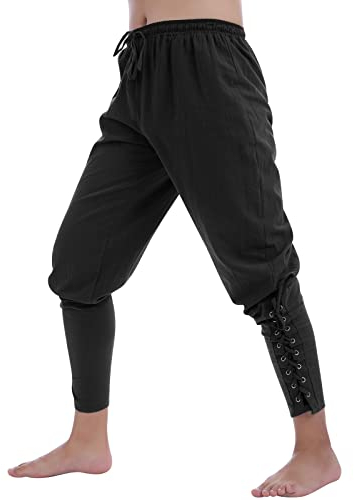 Odizli Mittelalter Kleidung Herren Sommer Leinenhose Lang Wikinger Gothic Steampunk Renaissance Viktorianische Hosen Pirat Kostüm Piratenkostüm Halloween Karneval Cosplay Faschingskostüme Schwarz XXL