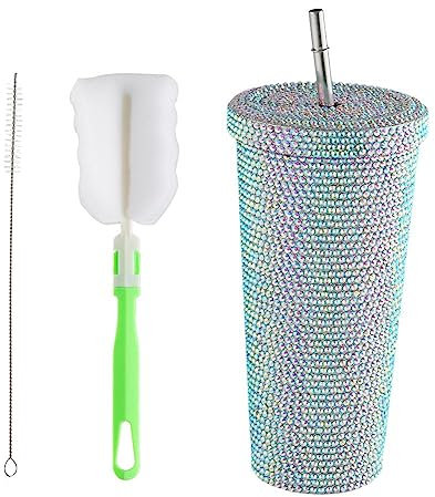 Nietenbesetzter Bling Tumbler mit Deckel und Strohhalm, Bling Glitter Wasserflasche Bling Cup, Strass Tumbler Cups mit Tassenbürste und Strohbürsten, Kaffeebecher Geschenk für Frauen Mädchen