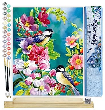 Figured'Art Malen Nach Zahlen Erwachsene Mit Rahmen Schöne Vögel im Frühling - Paint by Numbers Basteln DIY Bastelset 40x50cm Mit Keilrahmen (nicht gespannt)