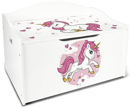 Leomark Kinderbank Hölzerne - UV-Druck: Rosa Einhorn - Kindertruhenbank, Behälter für Spielzeug, Truhe für Kinderzimmer, Höhe: 46 cm
