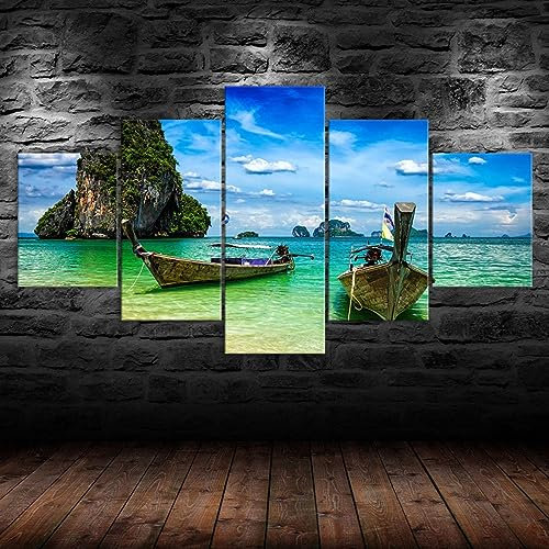5 pièces poster tableau toile 5 pieces Thaïlande Plage Iles Tropicales Bateaux image sur toile 5 parties Tableau sur Toile,tableau mural decoration salon moderne xxl,cadre,5 panneaux toile 150x80cm