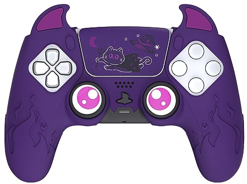 PlayVital Silikonhülle für ps5 Controller, Cute Demon Kawaii Controller Cover Schutzhülle Hülle Skin Zubehör für ps5 mit Touch Pad Aufkleber&Stick Kappen-Lila
