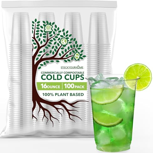 16 oz Clear Compostable Cold Cups (100 Pack) Plant Based Biodegradable No Plastic Eco Party Cup, Environmentally Friendly Recyclable Disposable Sustainable for Water, Wine, Beer Sample