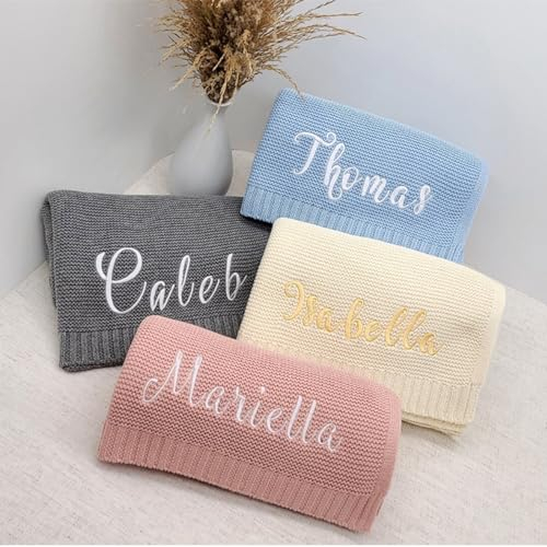 Baumwoll-Strickdecke, personalisierter bestickter Name, Baby, Jungen, Mädchen, weiche Decke, bestickte gestrickte Babydecke (Himmelblau, 80 x 100 cm)