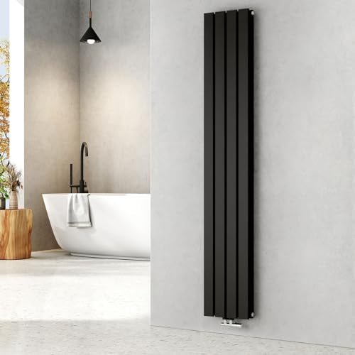 EMKE Heizkörper Schmal Hoch 1800x300mm Schwarz, Klein Heizkörper Flach Vertikal Heizkörper Bad Flachheizkörper Doppellagig Paneelheizkörper Mittelanschluss für Badezimmer 911W