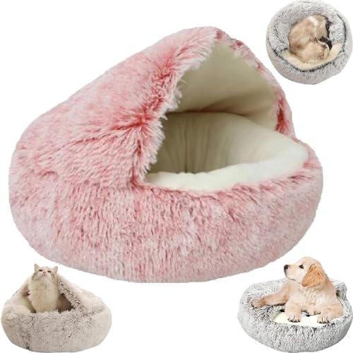EHOTER Cozy Cocoon Lit d'hiver pour animal de compagnie, chien, chat - Lit couvert pour chien et chien de petite taille - Lit confortable pour animal de compagnie (50 x 50 cm, rose en peluche courte)