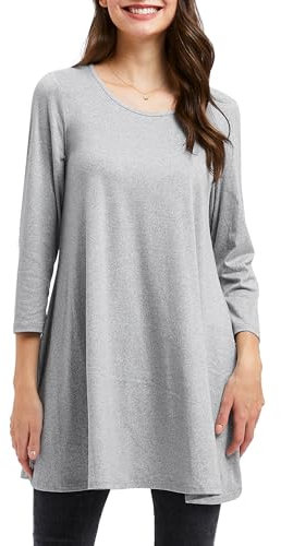 Enmain Light Grey Tunic Top for Women Causal Long Sleeve Longline Blouse Swing Tunic Top Loose Blouse T Shirt Round Neck Stretch Comfortable Holiday M