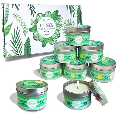 Topsics Bougie Citronnelle Extérieur, Lot de 8 Bougie à la Citronnelle D'extérieur Intérieur, 8 x 70 g Bougie à la Cire de Soja pour Jardin, Terrasse, 80-96 Heures brûlantes