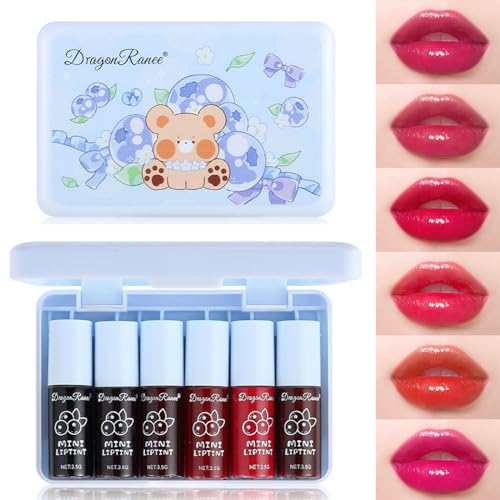 TITIMORE 6 Farben Lip Tint Stain Set Wasserfester Lipgloss Lippen-und Wangen-Tints Langhaftender Lippenstift Farbe Makeup Water Lip Stain Transferfest Flüssiger Lippenstift Hydrating(Blaubeere)