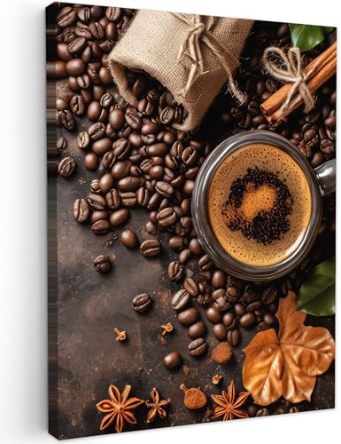 MuchoWow© Leinwand Bilder Wanddeko Wohnzimmer Aesthetic Room Decor Deko | 30x40 cm - Zimmer Wandbilder Modern Fotogeschenke Kaffee - Küche - Kaffeebohnen - Blätter