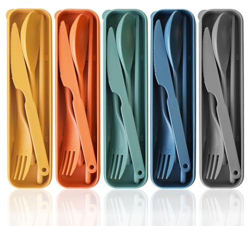Juego de utensilios de viaje reutilizables grandes con funda, 5 juegos de cuchillos de plástico, tenedor, cucharas, cubiertos, utensilios portátiles ecológicos para niños, adultos, viajes, picnic,