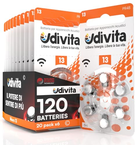 120 Pile Per Apparecchi Acustici Udivita Misura 13 Batterie Zinco Aria - 20 Blister da 6 Pile