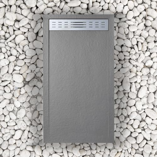 Duschwanne 90 x 110 cm mit seitlichem Gitter Line Slim Grau Ral 7037 aus Kunstharz und Marmorpulver mit Ablaufgarnitur