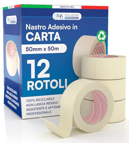 DNK TRADE Nastro di Carta - 12 Rotoli di Nastro da Imbianchini 50mm x 50m - Carta Gommata Professionale 50x50 Riciclabile per Mascheratura Pittura e Imbiancatura
