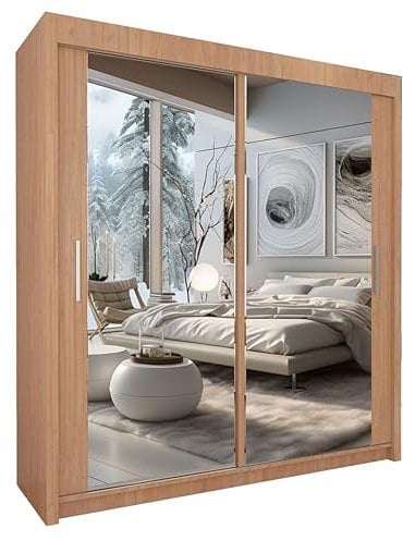 Style Heaven Modern Sliding Door Wardrobe for Bedroom,Matt Finish,2 Mirrored Sliding Doors wardrobes 5 Adjustable Shelves &2 Hanging Rail, made of MDF Chipboard, aluminium Handles Chicago(120cm Oak)