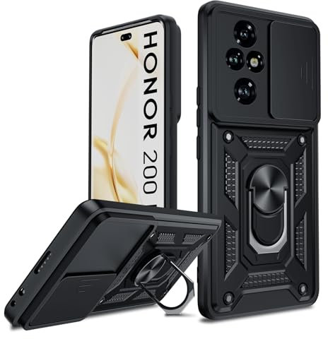 LeYi Cover per Honor 200 Pro con Anello Supporto, Custodia con Protezione Camera [Slideable] Armour TPU Bumper Antiurto Case Cover per Telefono Honor200 Pro 5G, Nero