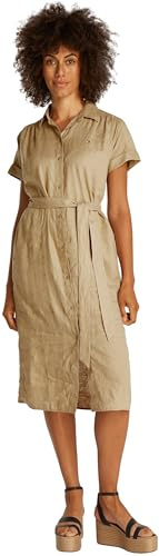 Tommy Hilfiger Damen Hemdkleid Linen Belted Kurzarm, Braun (Camel), 42
