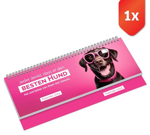 PRIMUS PRINT Tischkalender 2025 Quer Wochenkalender – 112 Seiten Terminkalender und Jahreskalender, – 297x130mm, 75g Naturpapier, Drahtkammbindung, Feiertage und Schulferien - [Einzeln - Hund]
