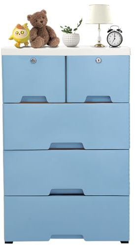 KinHall Kommode mit 6 Schubladen Sideboard, Freistehend Kunststoff Kommode, Mit 4 Räder, 50 x 35 x 102cm (Blau)