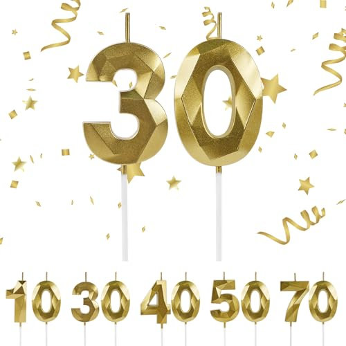URAQT Geburtstag Zahl Kerzen, Gold Glitzer Geburtstagskerzen, Dekorative Geburtstagstorte, Hochzeitsparty, Abschlussfeier Usw 3 und 0