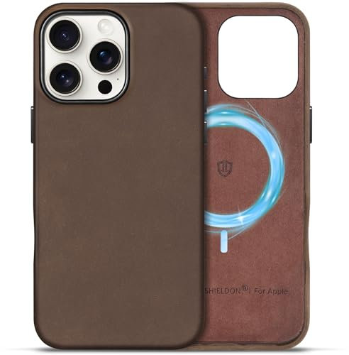 SHIELDON Leather Case for iPhone 16 Pro Max 6.9, [Crazy Horse Leather][Magnetic Wireless Charging][Slim Fit][Non-Slip][Metal Button] Shockproof Cover Compatible with iPhone 16 Pro Max - Dark Brown