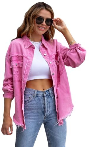 amropi Veste en Jean pour Femmes Chemisier en Denim Léger Blouson Ourlet Effiloché Jacket Rose, XXL