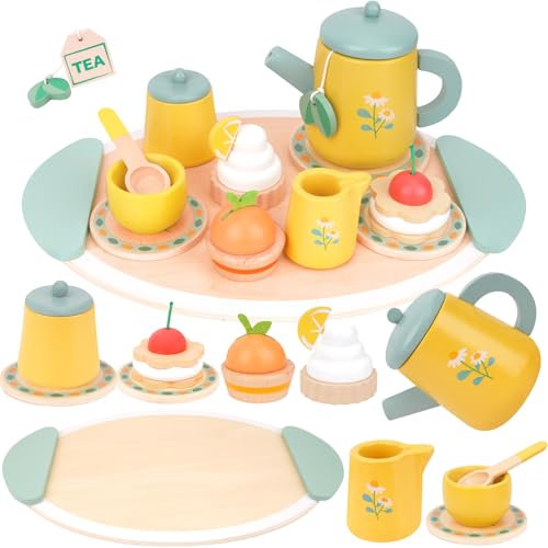 Teeservice Kinder Kinderküche Zubehör, Teeparty Holzspielzeug für Kind, Rollenspiel Kinder Puppenküche Zubehör für Jungen Mädchen ab 3 Jahren