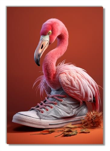 Wallario Glasbild Flamingo im Sneaker - 70 x 100 cm Wandbilder Glas in Premium-Qualität: Brillante Farben, freischwebende Optik
