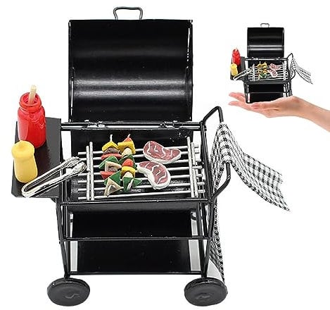Dollhouse Kitchen Furniture 1:12 Dollhouse Barbecue Set with Skewer Steak Seasoning Bottle Towel Doll House Bbq Cart Dollhouse Accessories for Kid Pretend Play Miniature BBQ Grill Dollhouse Decor Doll