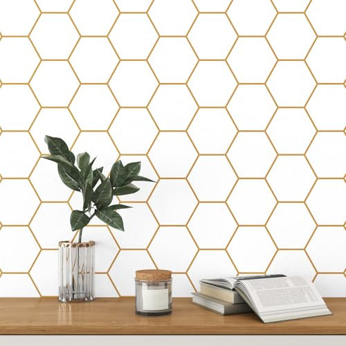 Mangoloo Gold Geometric Peel and Stick Wallpaper for Bedroom Bathroom Hexagon Wall Paper Peel and Stick Modern White Contact Paper Cabinets Renter Friendly Decor 17.5x102 Self Adhesive