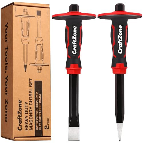 CraftZone 2-Piece Heavy Duty Masonry Pointed & Flat Chisel Set – 300 * 19mm, 40CR Steel, Heat-Treated, Powder Coated, with Hand Protection for Brick, Stone & Rock Work