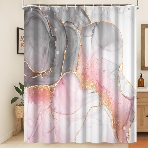 Xiaoterna Pink Grey Marble Shower Curtain Gold Powder Waterproof Bathroom Curtain Luxury Abstract Colorful Pink Golden Dots Machine Washable Marble Shower Curtain Mould Resistant Fabric 150x200cm