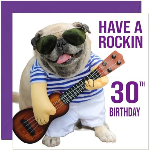 Geburtstagskarte zum 30. Geburtstag – Rock-n-Roll-Mops-Hund, lustige Geburtstagskarte zum 30. Geburtstag