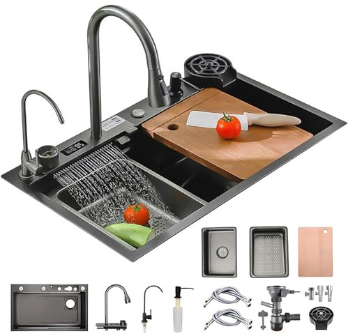 KOOGIMDDR Fregadero de cocina rectangular de acero inoxidable, 80 x 45 cm, cascada, drenaje izquierdo, fregadero de cocina con orificio para grifo y rebosadero, sifón, fregadero de bar multifuncional,