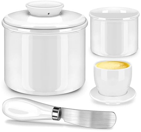 Mexgcom Burriera in Porcellana, Burriera Francese in Ceramica con Coperchio e Coltello Per Burro, Campana di Burro in Ceramica Per Lento, Contenitore al con Design Vintage (Bianco)