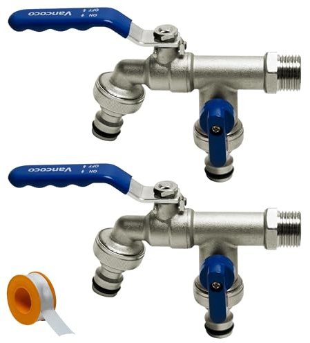 VANCOCO 2 Stk. Doppel Kugelhahn Außen, 1/2 Zoll Anschluss, 2 Schlauchanschlüsse, Dichtband, Gartenwasserhahn für Regentonne & Bewässerungssystem