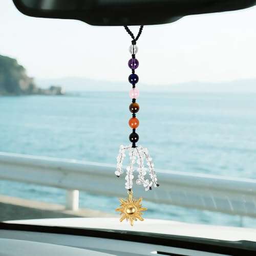 Pendentif Rétroviseur Voiture 7 Chakras avec Perles Cristal Colorées | Perles en Cristal Colorées – 7 perles aux couleurs variées avec motifs naturels pour une décoration de voiture unique.