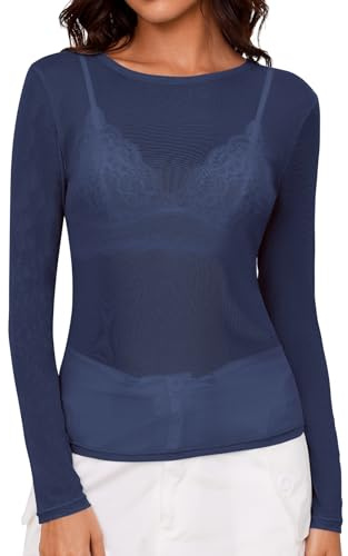 IECCP Womens Mesh Sexy Tops Lace Long Sleeve Top Crew Neck Sexy See Through T-Shirt for Party Club Navy Blue L
