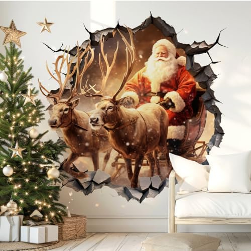 2pcs Wandtattoo Weihnachten 3D, Weihnachts-Wanddekoration, Weihnachtsmann und Rentier, Rentiere Wandsticker Festliche Wandaufkleber Wohnzimmer Party Weihnachtsdeko