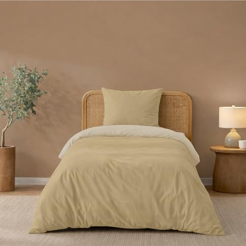 Twinzen - Bettwäsche 140x200 cm mit 1 Kissenbezug 65x65 cm - Wendbar | Bettbezug · Beige/Sand · Ultraweiche Mikrofaser · 2-teilig · Reißverschluss · OEKO-TEX · Pflegeleicht