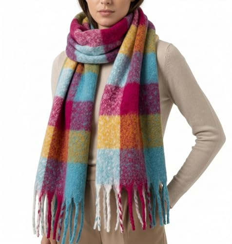 MIJOMA Damen Schal kariert mit Fransen – Flauschiger Winterschal lang & weich – Modischer Halstuch-Schal 200x40 cm – Stylisches Accessoire für Herbst & Winter