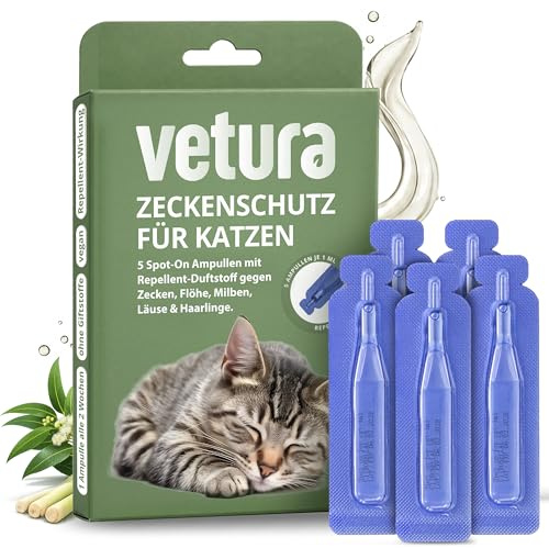 Vetura Zeckenschutz Katze Spot-On gegen Zecken & Flöhe - 5 Ampullen | Spot-On mit Repellent-Wirkung: 5 % Citronellal wehrt Zecken & Flöhe über den Geruch ab – für Katzen ab 2 Monaten