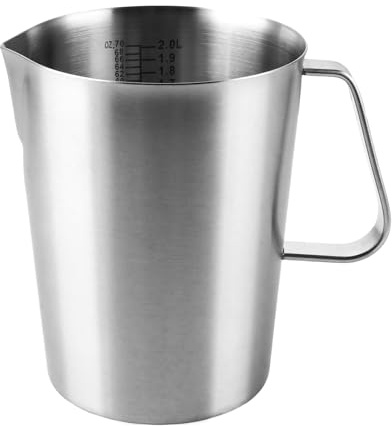 Ghligna 1 vaso medidor plateado de acero inoxidable, vaso medidor de 2 L con asa, 15 x 12 x 18,3 cm, vaso mezclador para batidora de mano, jarra de leche barista, jarra de leche de acero inoxidable