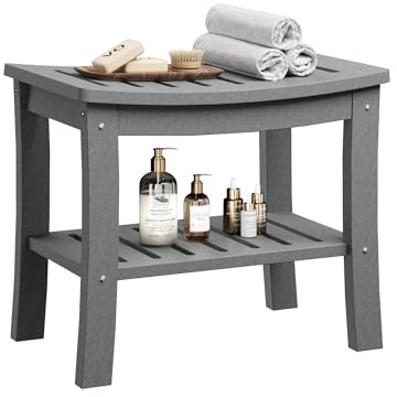 GarveeHome Duschbank, Badebank mit 2-stufiger Ablage, HDPE-Material, wasserfest, bis 181 kg belastbar, für Badezimmer, 52×35×45 cm, Grau